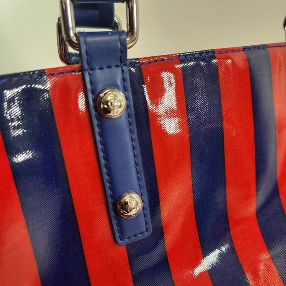 DKNY Striped Tote Red Blue Donna Karan New York Purse Bag Vinyl - Picture 6 of 14